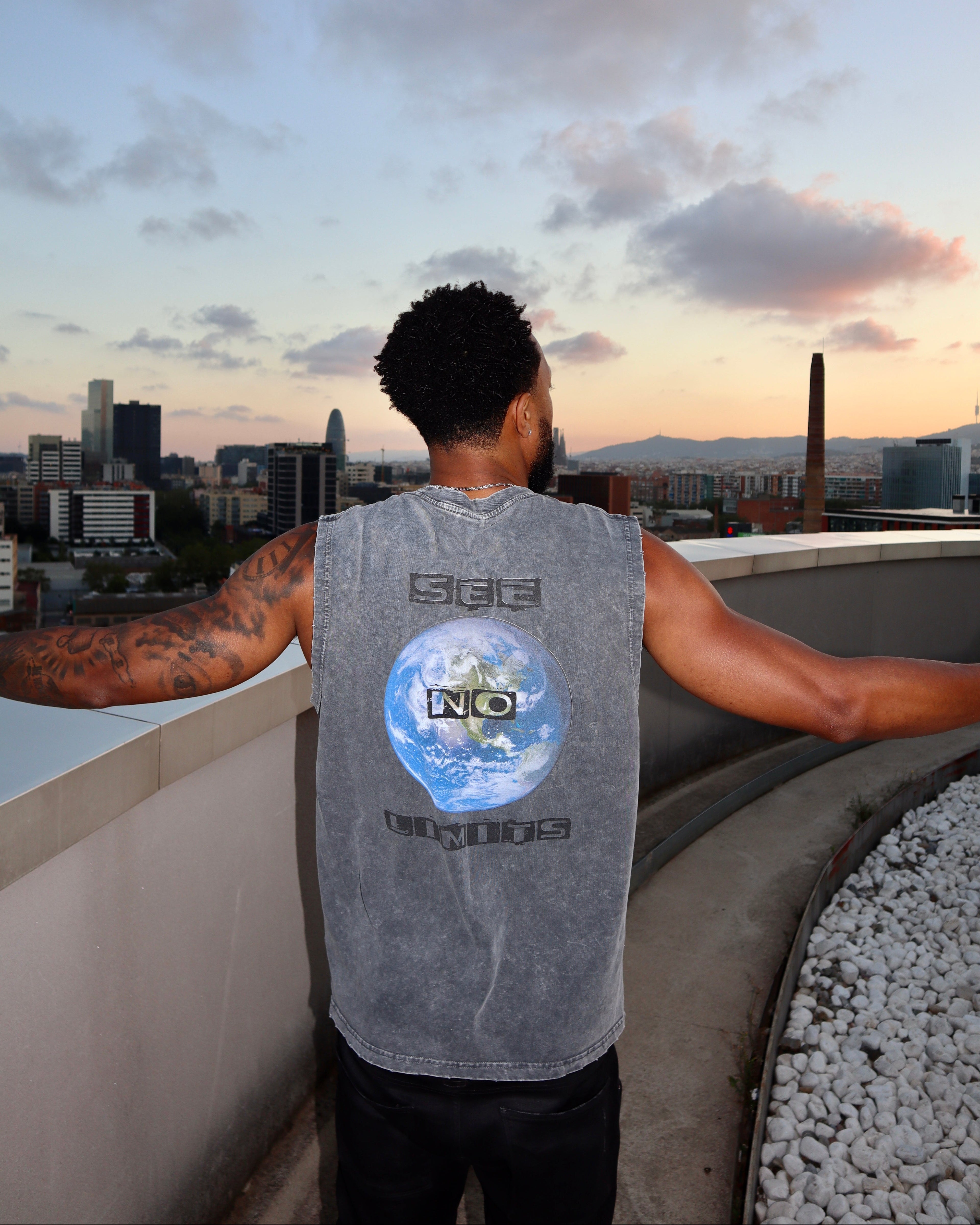 See No Limits Earth Graphic Tank Top Black Letters