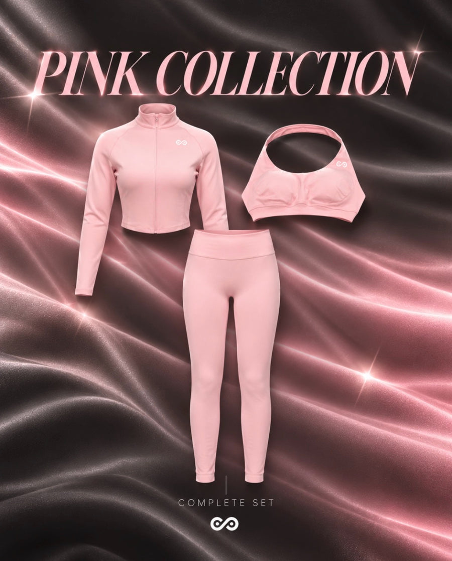 See No Limits Pink Collection complete set: pink zip jacket, sports bra and leggings on dark pink silk
